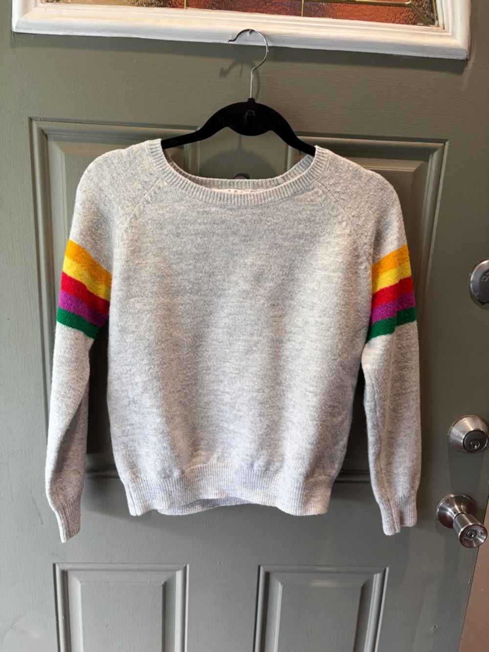 Light Grey Women’s Sweater with Rainbow Sleeve Stripes